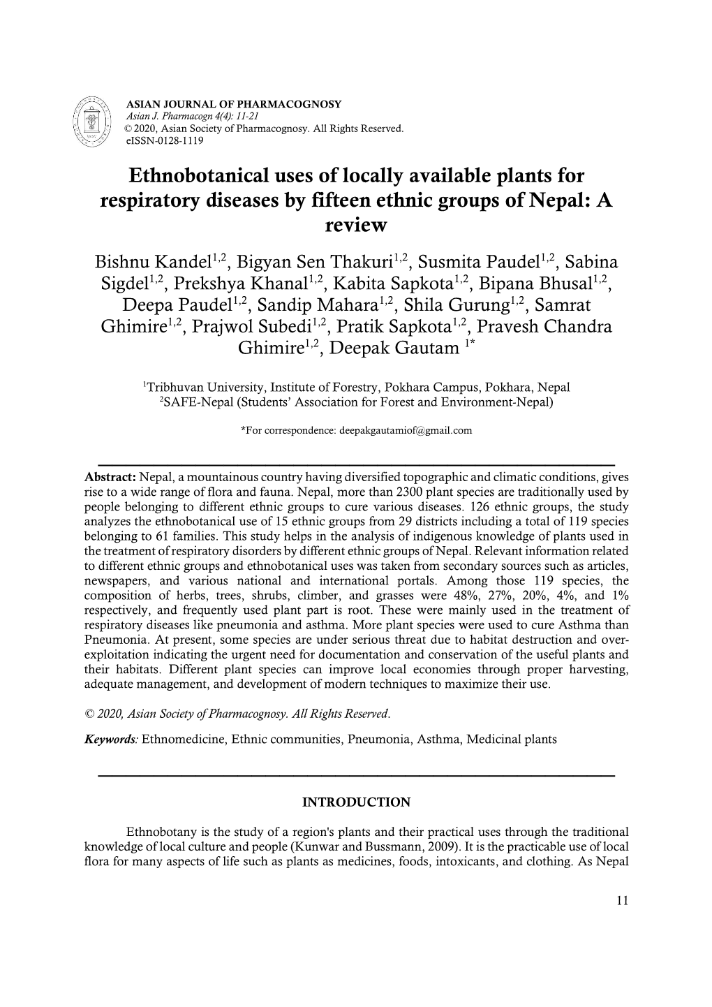 Ethnobotanical Uses of Locally Available Plants for Respiratory Diseases by Fifteen Ethnic Groups of Nepal: a Review