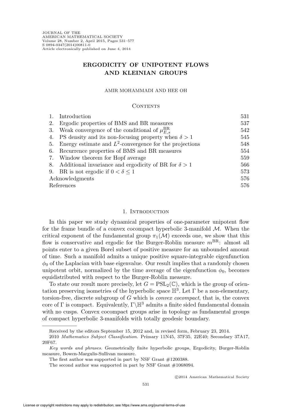 Ergodicity of Unipotent Flows and Kleinian Groups