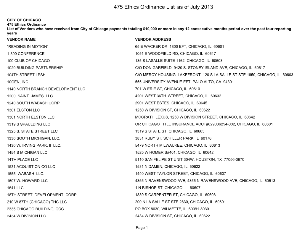 475 Ethics Ordinance List As of July 2013