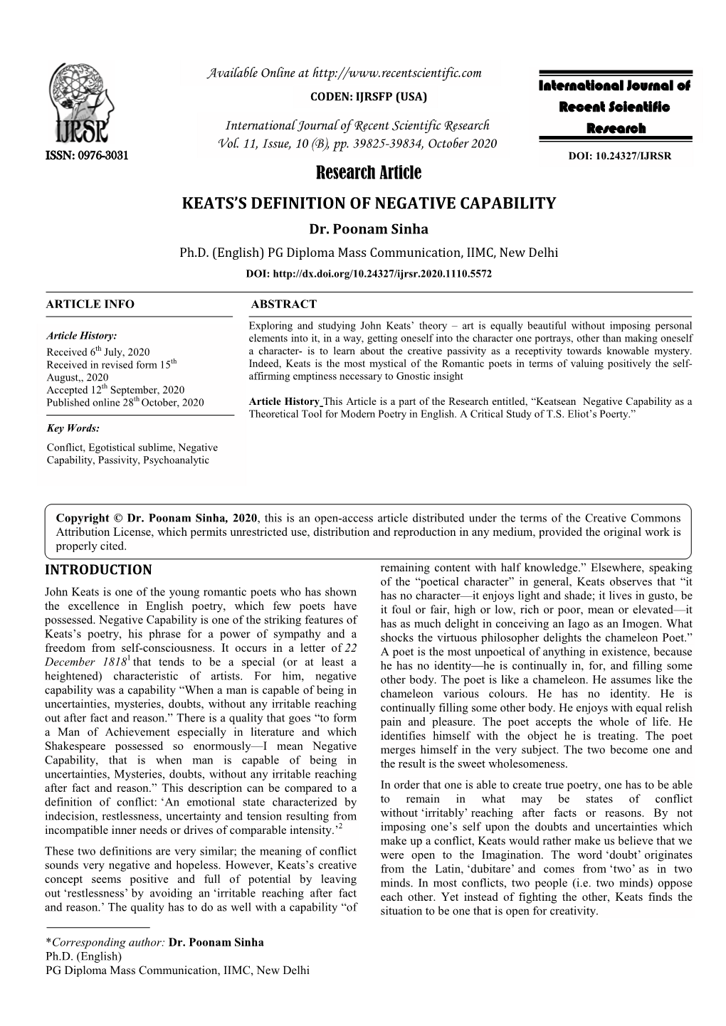 Research Article KEATS's DEFINITION of NEGATIVE