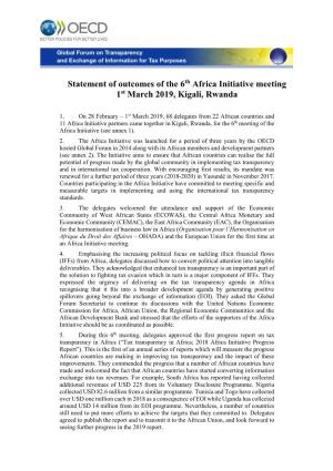 Statement of Outcomes of the 6Th Africa Initiative Meeting 1St March 2019, Kigali, Rwanda