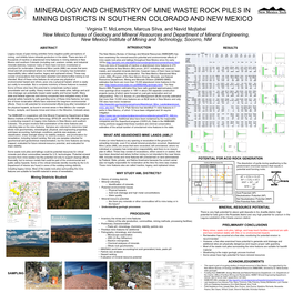 MINERALOGY and CHEMISTRY of MINE WASTE ROCK PILES in MINING DISTRICTS in SOUTHERN COLORADO and NEW MEXICO Virginia T