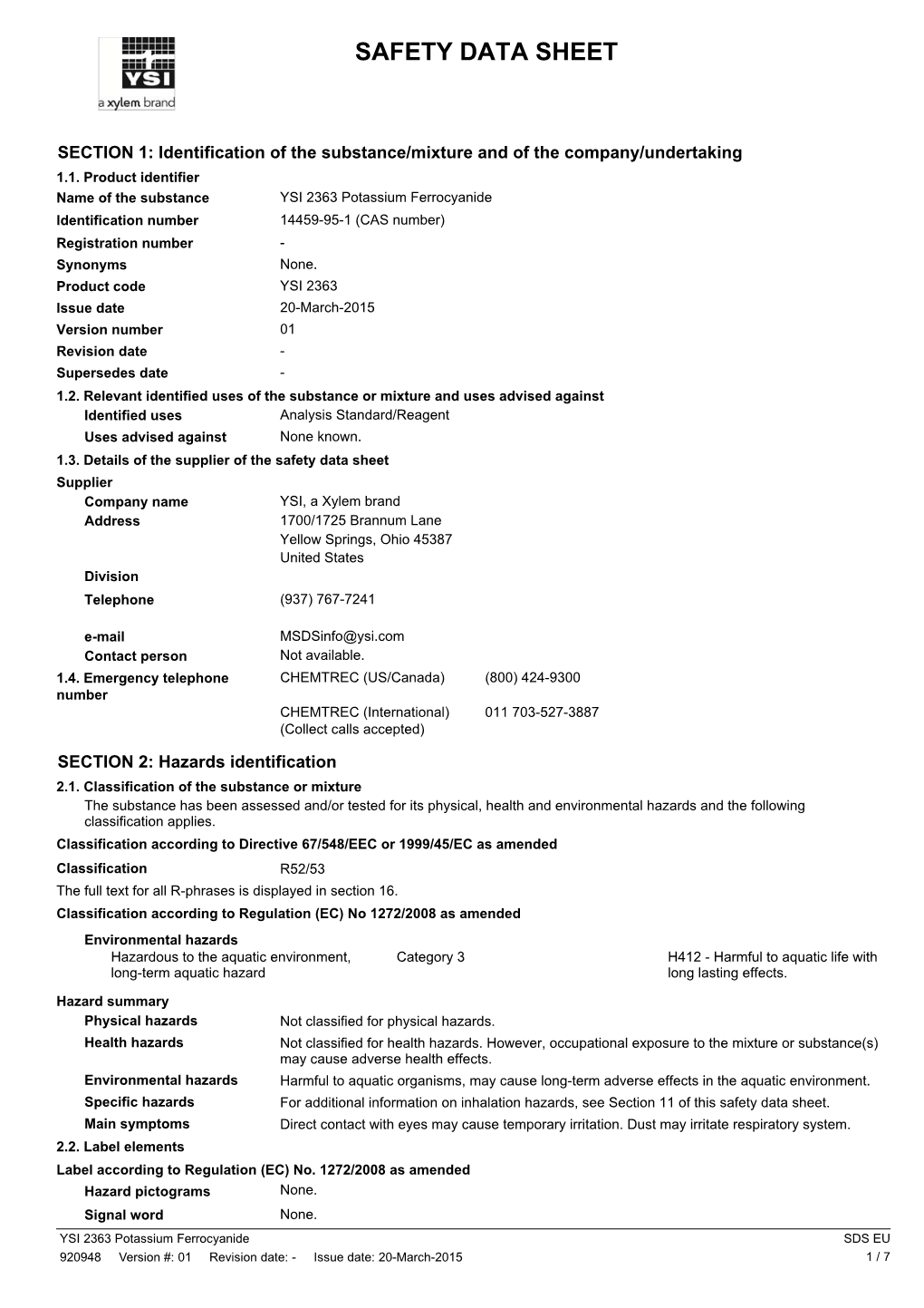 SDS EU English YSI 2363 Potassium Ferrocyanide