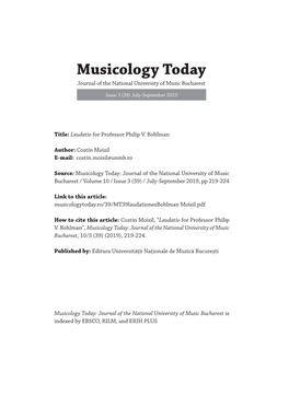 Musicology Today Journal of the National University of Music Bucharest