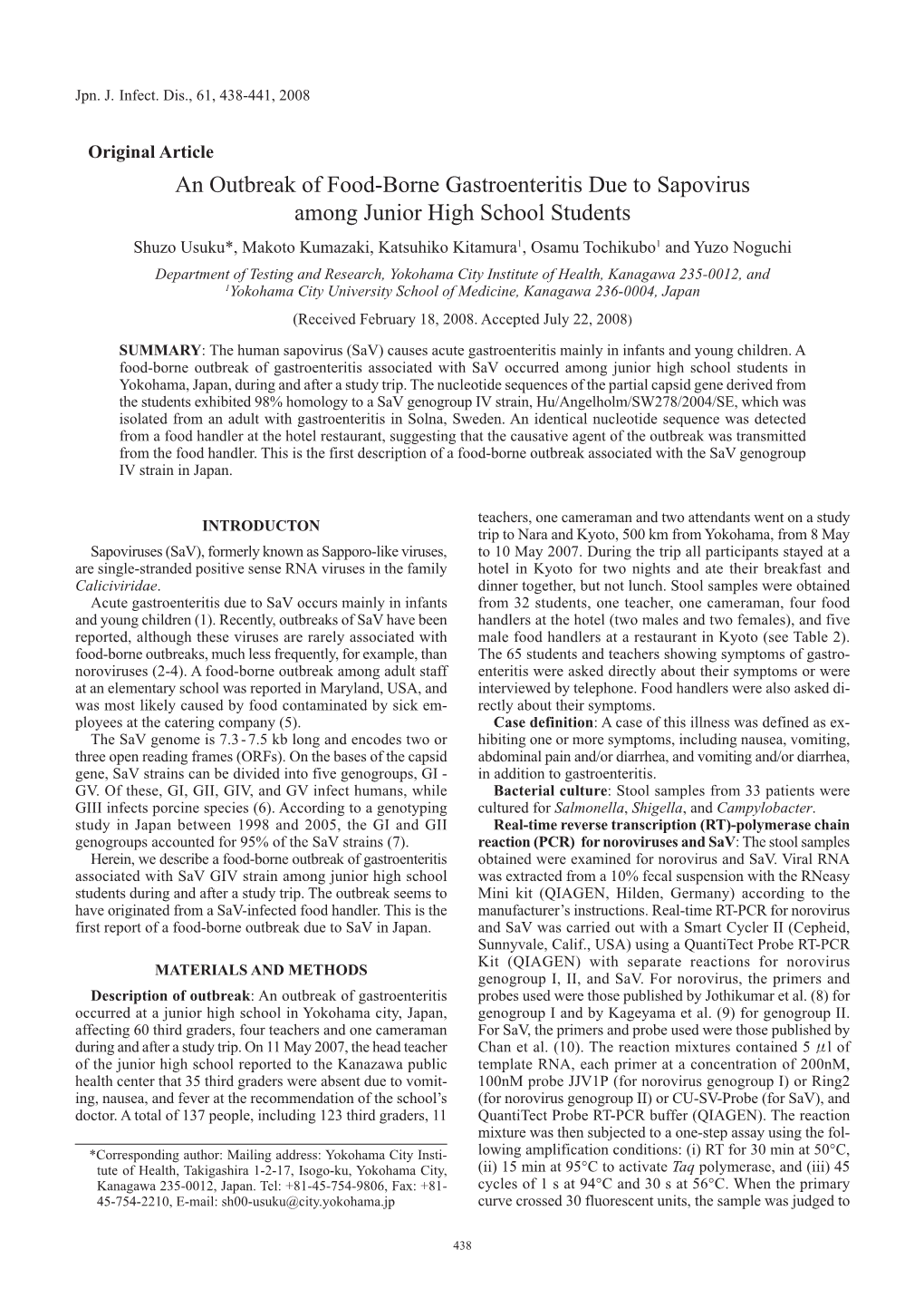 An Outbreak of Food-Borne Gastroenteritis Due to Sapovirus