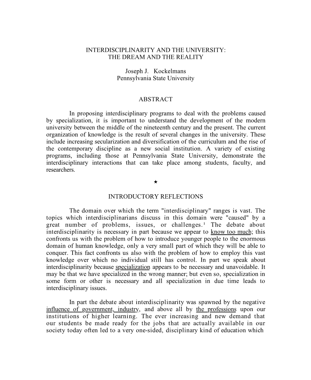 Interdisciplinarity and the University: the Dream and the Reality