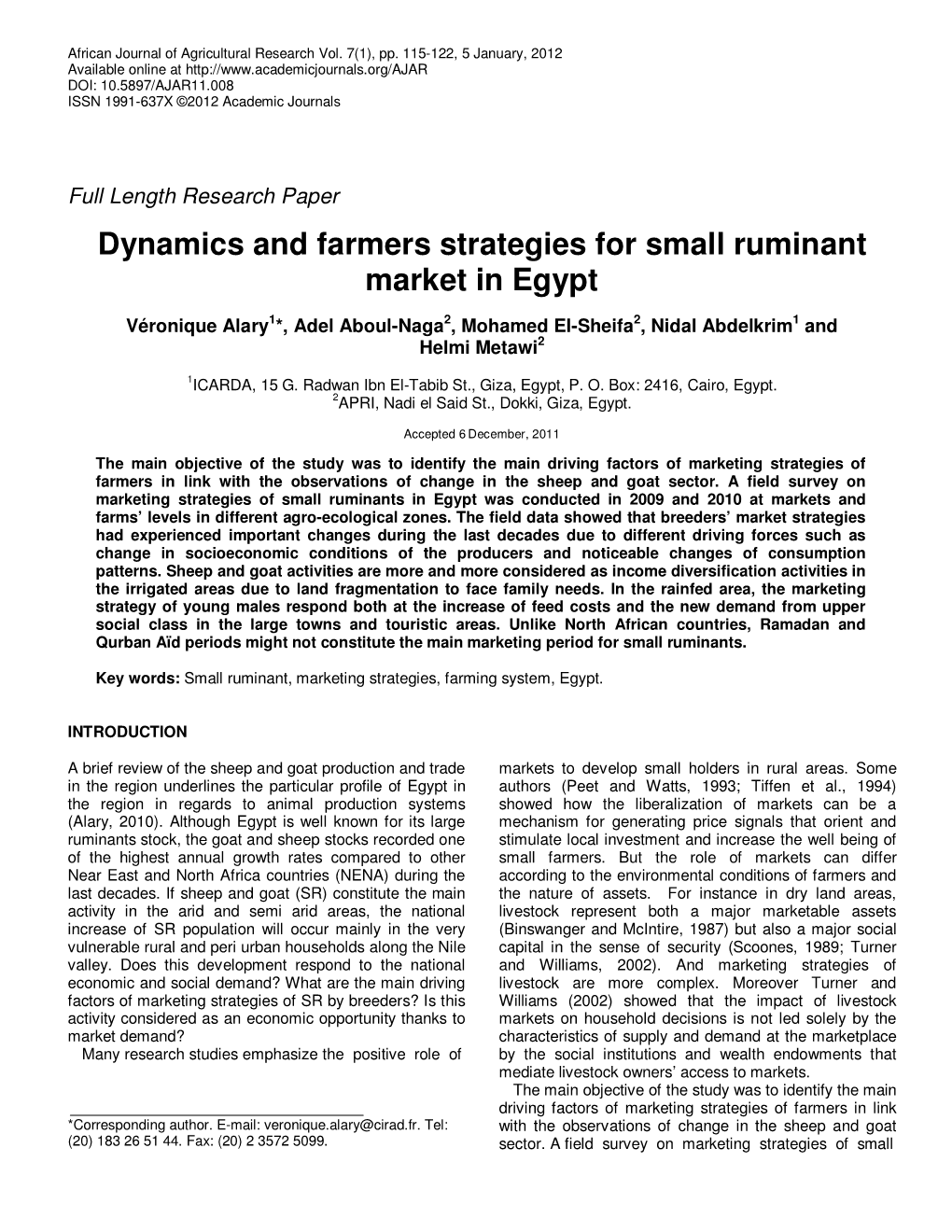 Dynamics and Farmers Strategies for Small Ruminant Market in Egypt