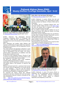 Pajhwok Afghan News (PAN) Weekly Election Coverage Newsletter, April 16-22