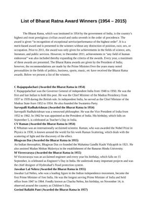 List of Bharat Ratna Award Winners (1954 – 2015)