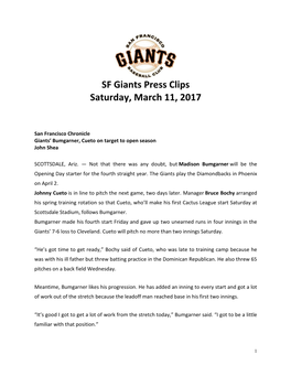 SF Giants Press Clips Saturday, March 11, 2017