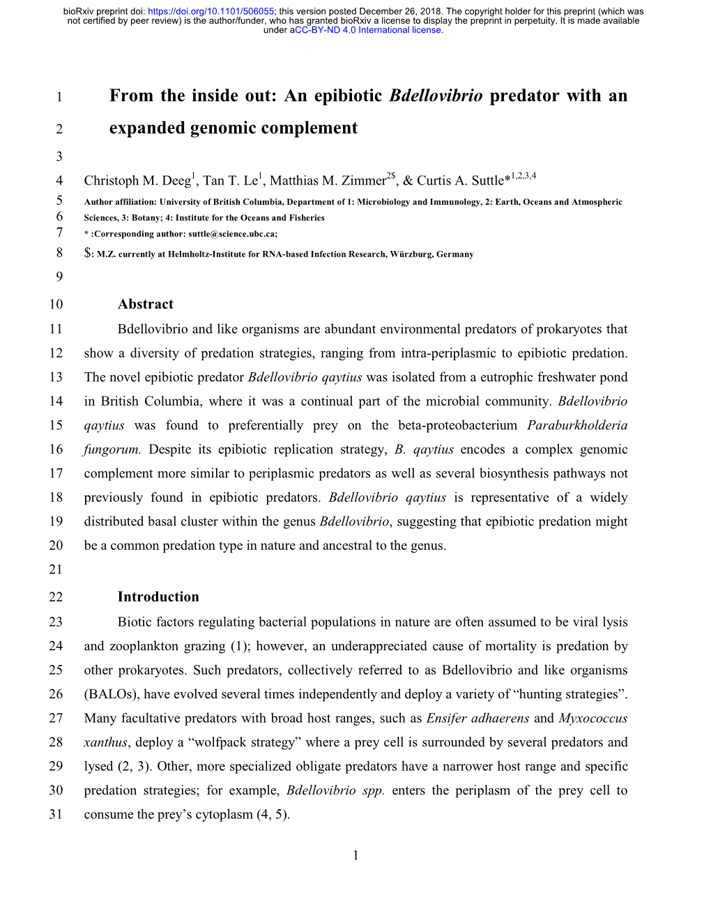 An Epibiotic Bdellovibrio Predator with an Expanded Genomic