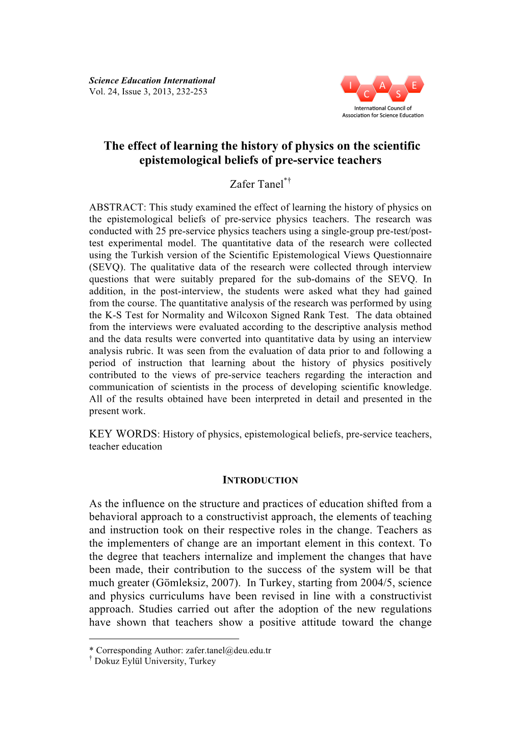 The Effect of Learning the History of Physics on the Scientific Epistemological Beliefs of Pre-Service Teachers