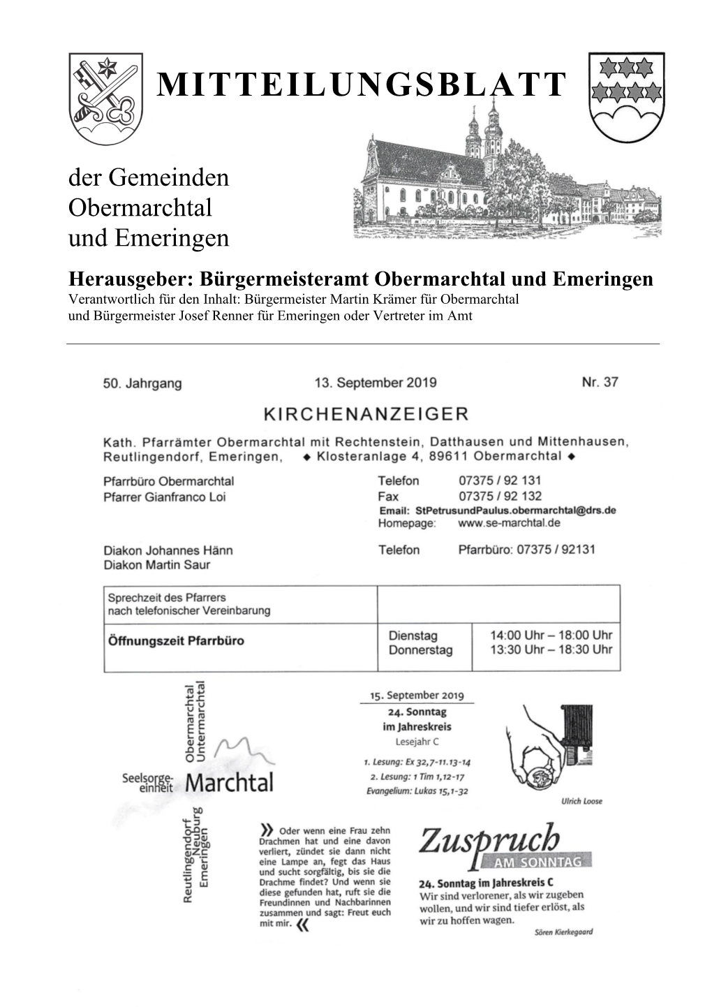 MITTEILUNGSBLATT Der Gemeinden Obermarchtal Und Emeringen