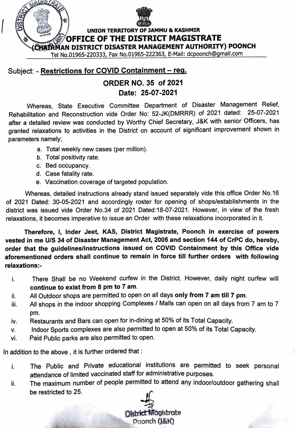 OFFICE of the DISTRICT MAGISTRATE ;Fii1ti an DISTRICT DISASTER MANAGEMENT AUTHORITY) POONCH Tel No.01965-220333, Fax No.01965-222363, E-Mail: Dcpoonch@Gmail.Com