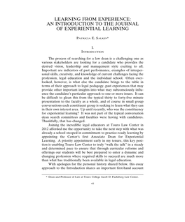 Learning from Experience: an Introduction to the Journal of Experiential Learning