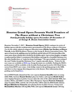 Houston Grand Opera Presents World Premiere of the House Without a Christmas Tree Family-Friendly Holiday Opera November 30–December 17 at George R