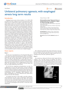 Unilateral Pulmonary Agenesis, with Esophageal Atresia Long Term Results
