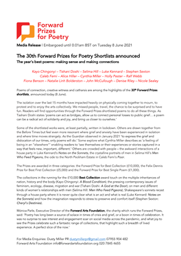 The 30Th Forward Prizes for Poetry Shortlists Announced the Year’S Best Poems: Making Sense and Making Connections