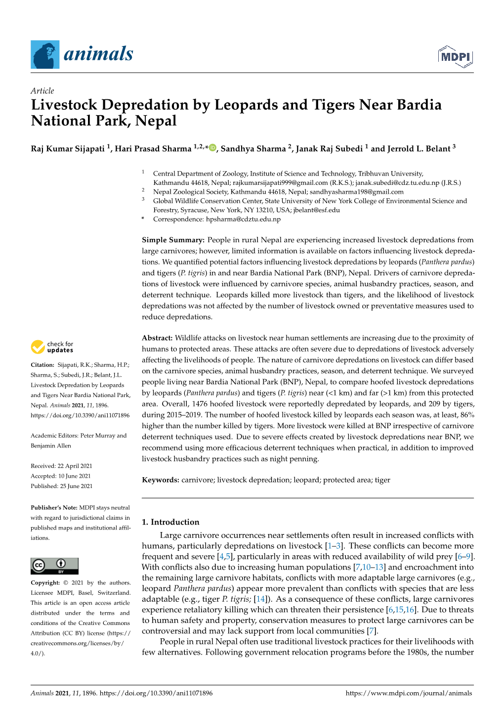 Livestock Depredation by Leopards and Tigers Near Bardia National Park, Nepal