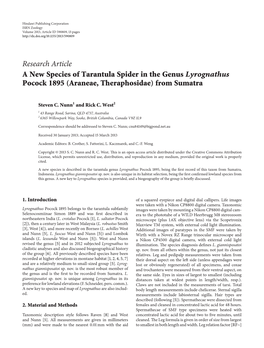 Research Article a New Species of Tarantula Spider in the Genus Lyrognathus Pocock 1895 (Araneae, Theraphosidae) from Sumatra