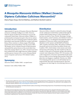 A Mosquito Mansonia Titillans (Walker) (Insecta: Diptera: Culicidae: Culicinae: Mansoniini)1 Diana Rojas-Araya, Derrick Mathias, and Nathan Burkett-Cadena2