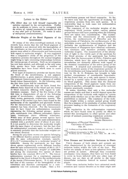 Molecular Weights of the Blood Pigments of the Invertebrates