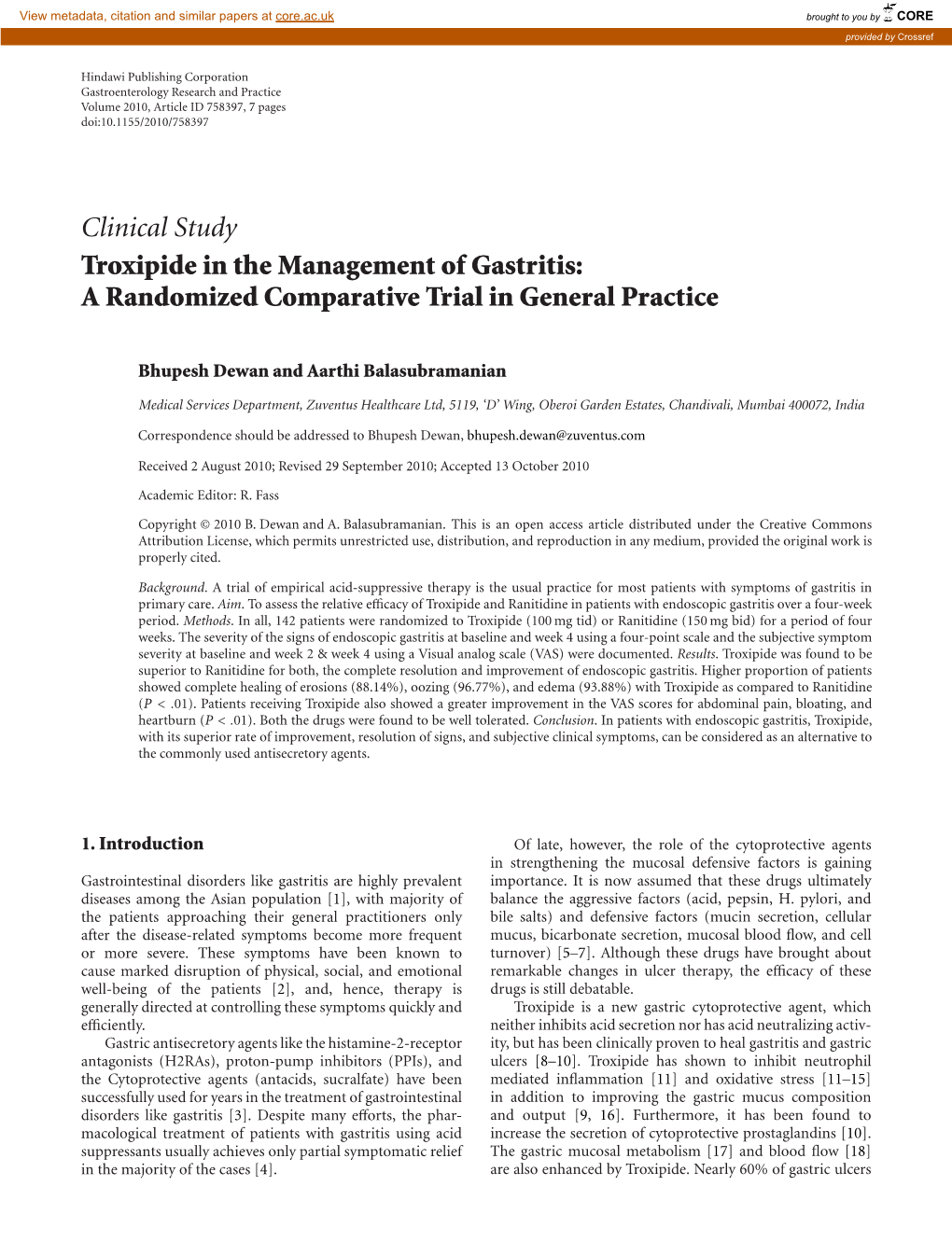 Clinical Study Troxipide in the Management of Gastritis: a Randomized Comparative Trial in General Practice