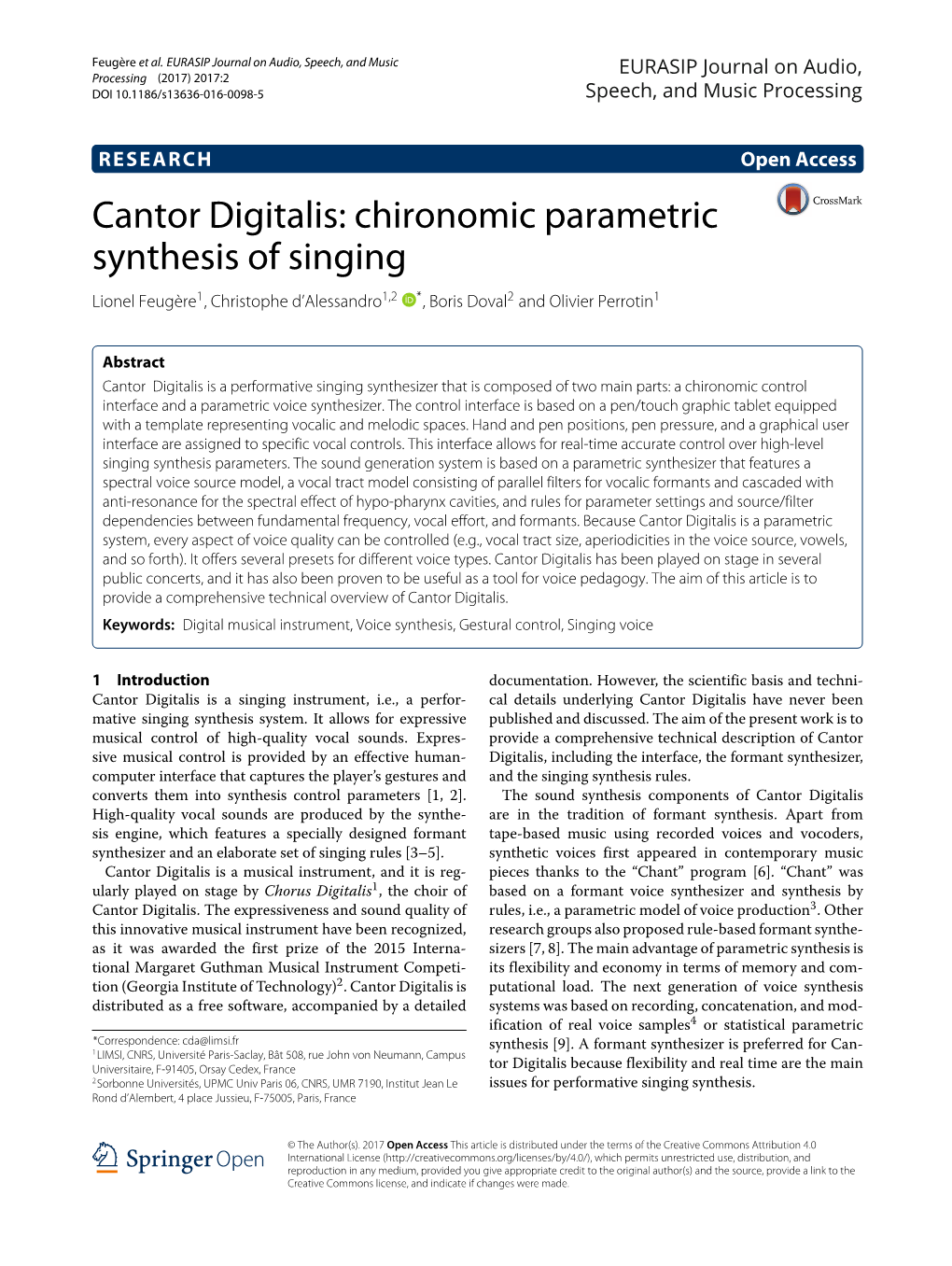 Cantor Digitalis: Chironomic Parametric Synthesis of Singing Lionel Feugère1, Christophe D’Alessandro1,2 *, Boris Doval2 and Olivier Perrotin1