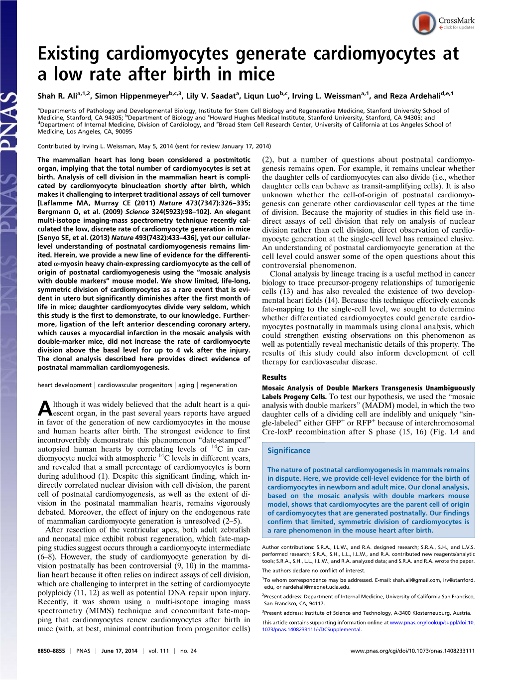 Existing Cardiomyocytes Generate Cardiomyocytes at a Low Rate After Birth in Mice