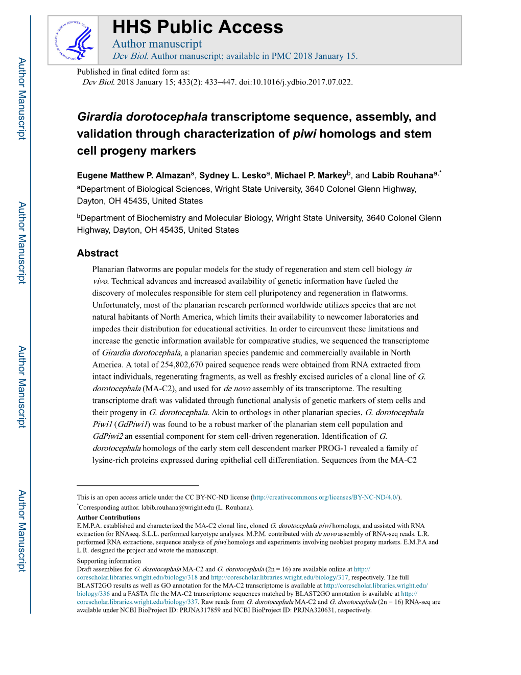 Girardia Dorotocephala Transcriptome Sequence, Assembly, and Validation Through Characterization of Piwi Homologs and Stem Cell Progeny Markers