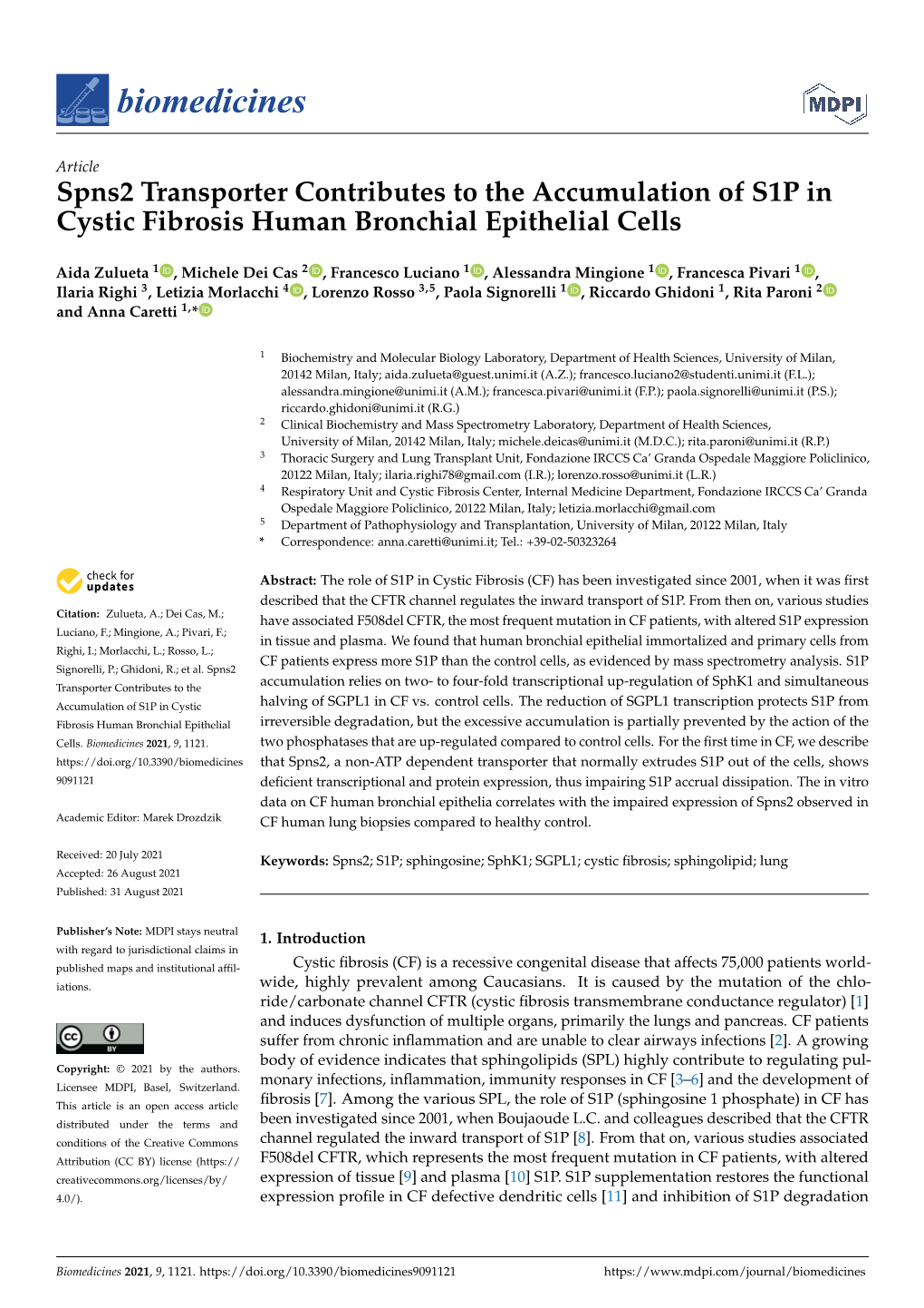 Spns2 Transporter Contributes to the Accumulation of S1P in Cystic Fibrosis Human Bronchial Epithelial Cells