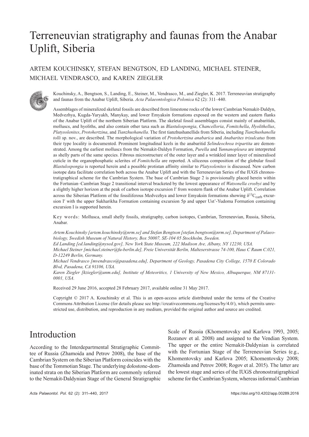 Terreneuvian Stratigraphy and Faunas from the Anabar Uplift, Siberia