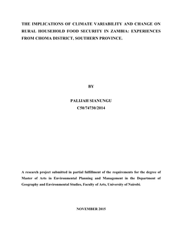 The Implications of Climate Variability and Change on Rural Household Food Security in Zambia: Experiences from Choma District, Southern Province