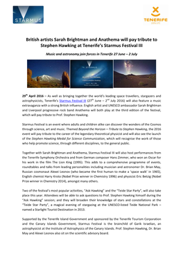 British Artists Sarah Brightman and Anathema Will Pay Tribute to Stephen Hawking at Tenerife’S Starmus Festival III