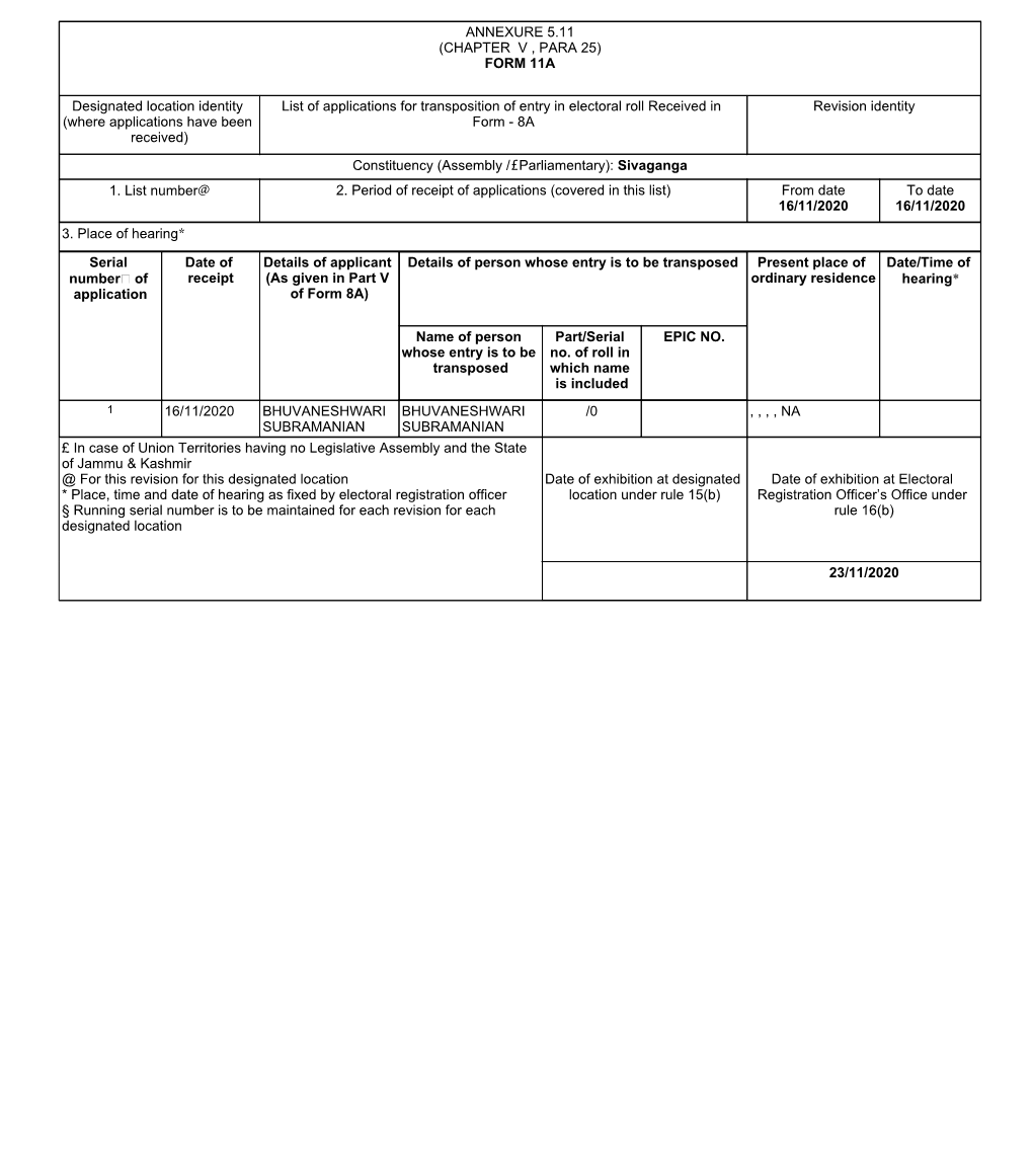 (CHAPTER V , PARA 25) FORM 11A Designated Location Identity