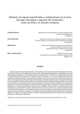 Relación De Aguas Superficiales Y Subterráneas En El Área Del Lago Chungará Y Lagunas De Cotacotani, Norte De Chile: Un Estudio Isotópico