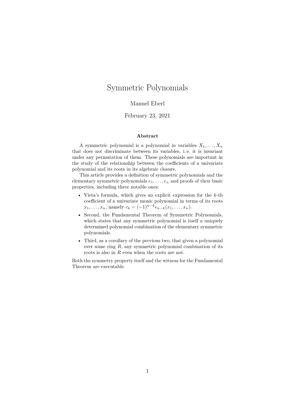 Symmetric Polynomials