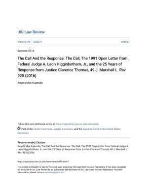 The Call, the 1991 Open Letter from Federal Judge A. Leon Higginbotham, Jr., and the 25 Years of Response from Justice Clarence Thomas, 49 J