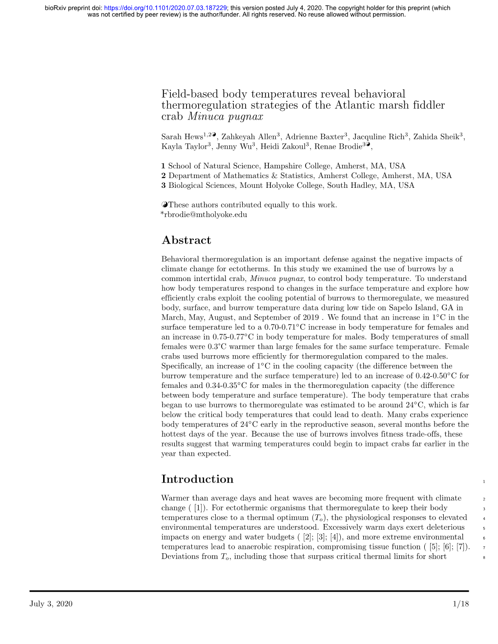 Field-Based Body Temperatures Reveal Behavioral Thermoregulation Strategies of the Atlantic Marsh Fiddler Crab Minuca Pugnax