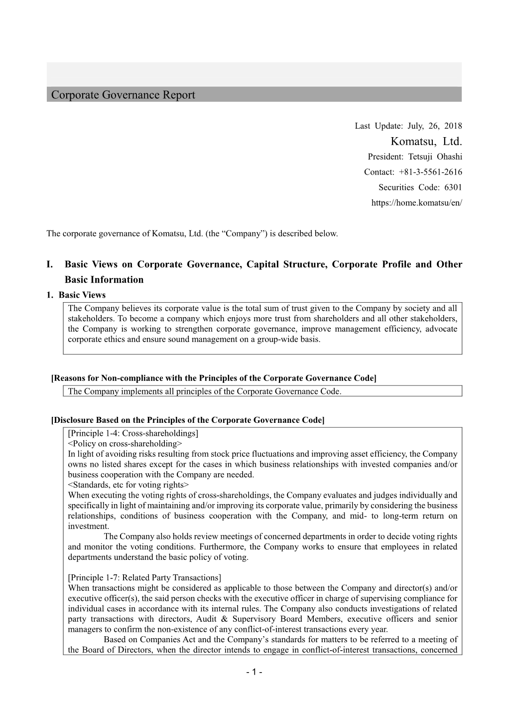 Corporate Governance Report Komatsu, Ltd