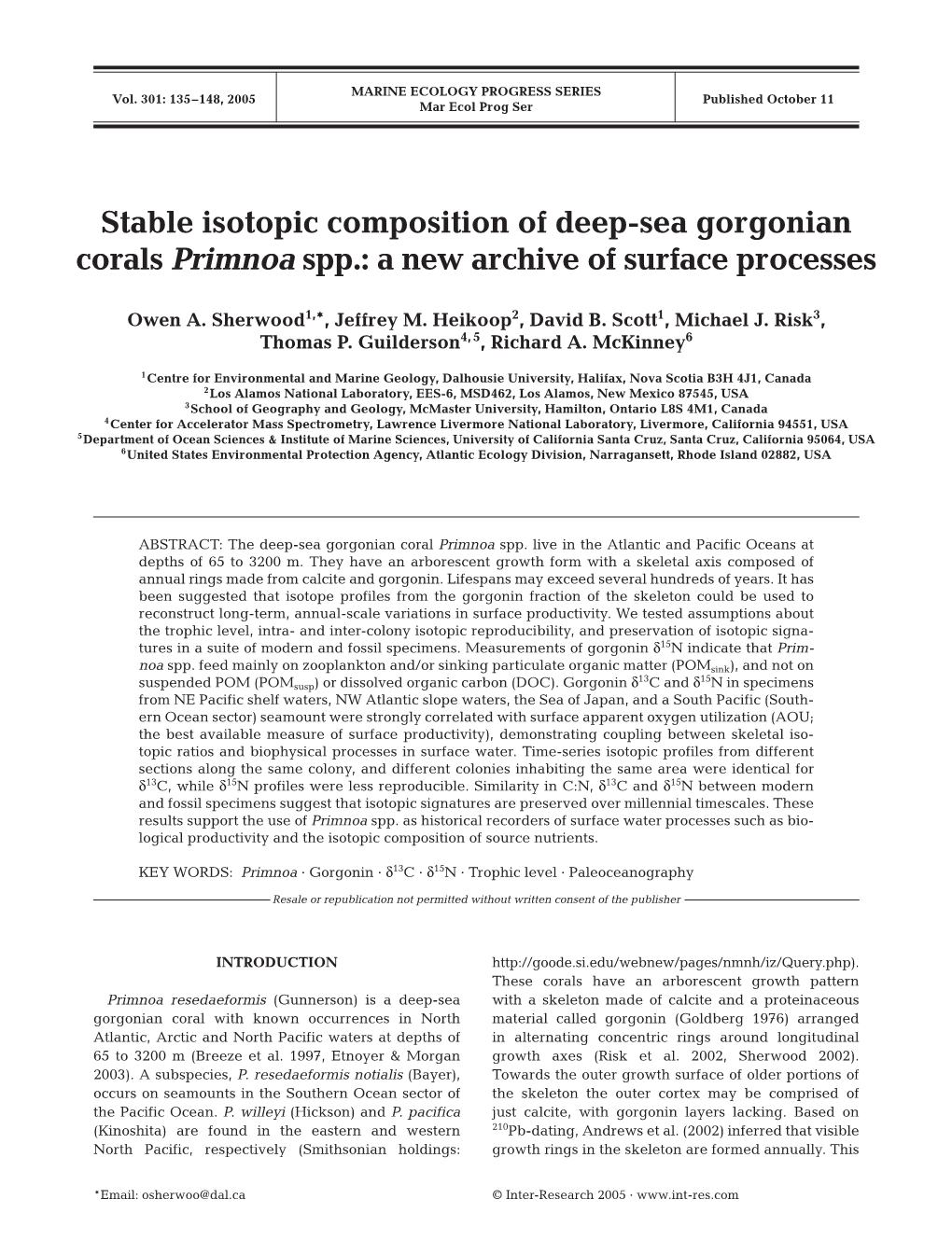 Stable Isotopic Composition of Deep-Sea Gorgonian Corals Primnoa Spp.: a New Archive of Surface Processes
