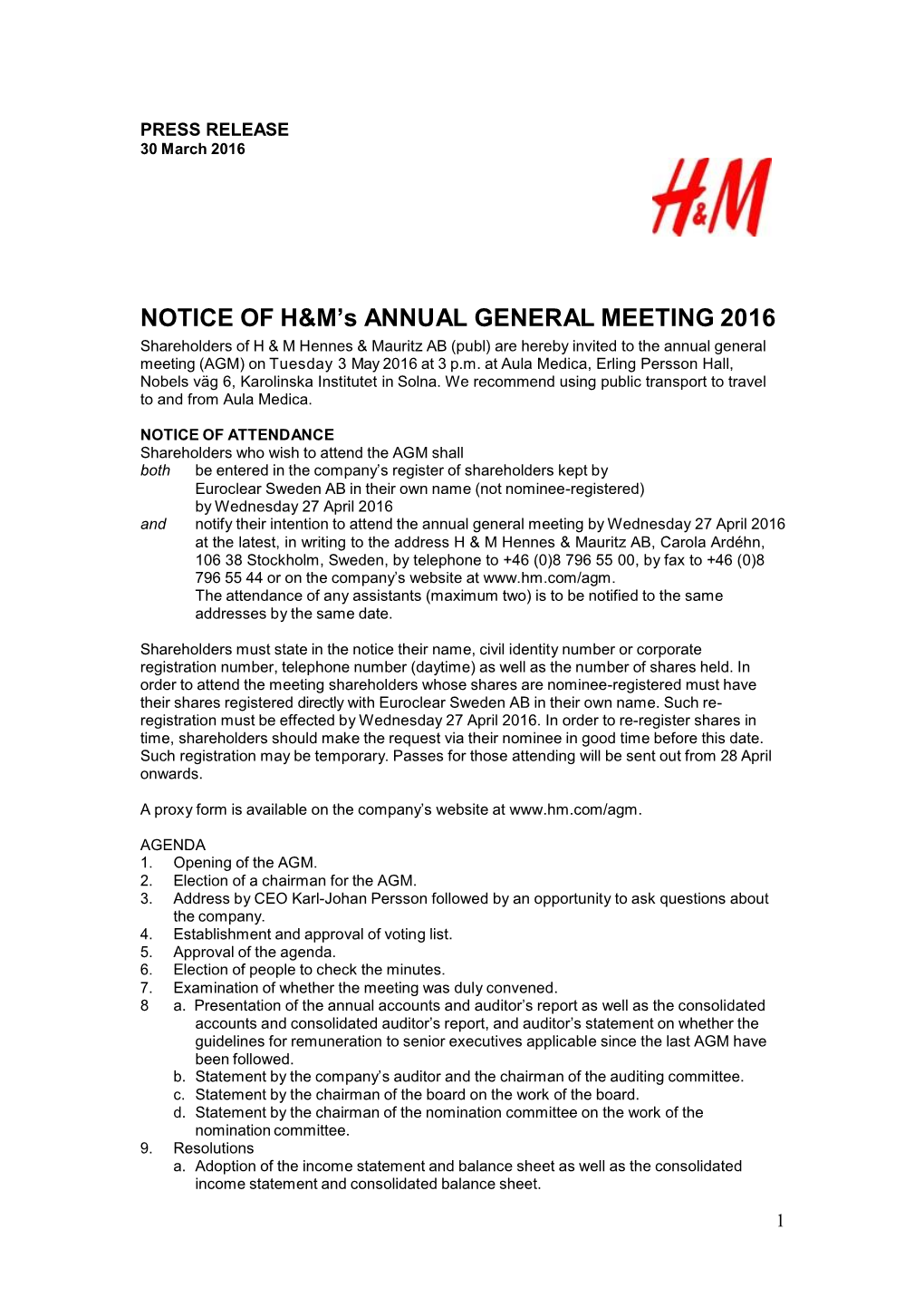 NOTICE of H&M's ANNUAL GENERAL MEETING 2016