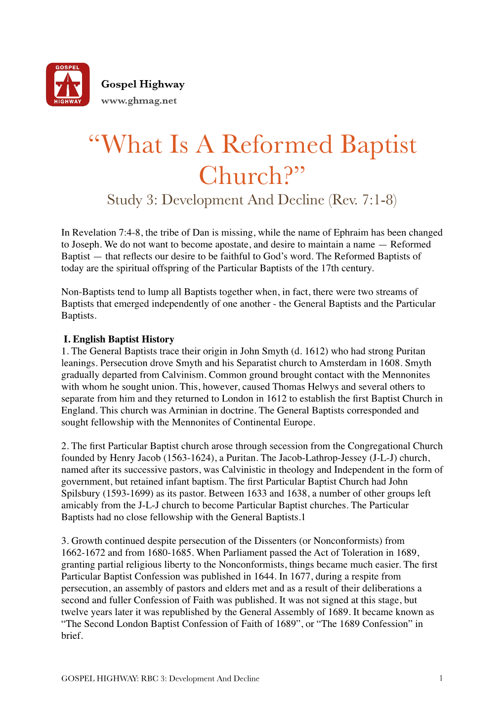 “What Is a Reformed Baptist Church?” Study 3: Development and Decline (Rev