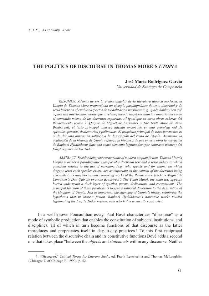 The Politics of Discourse in Thomas More's Utopia