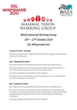 BIAZA Mammal Working Group 16Th – 17Th October 2019 ZSL Whipsnade Zoo