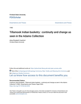 Tillamook Indian Basketry : Continuity and Change As Seen in the Adams Collection