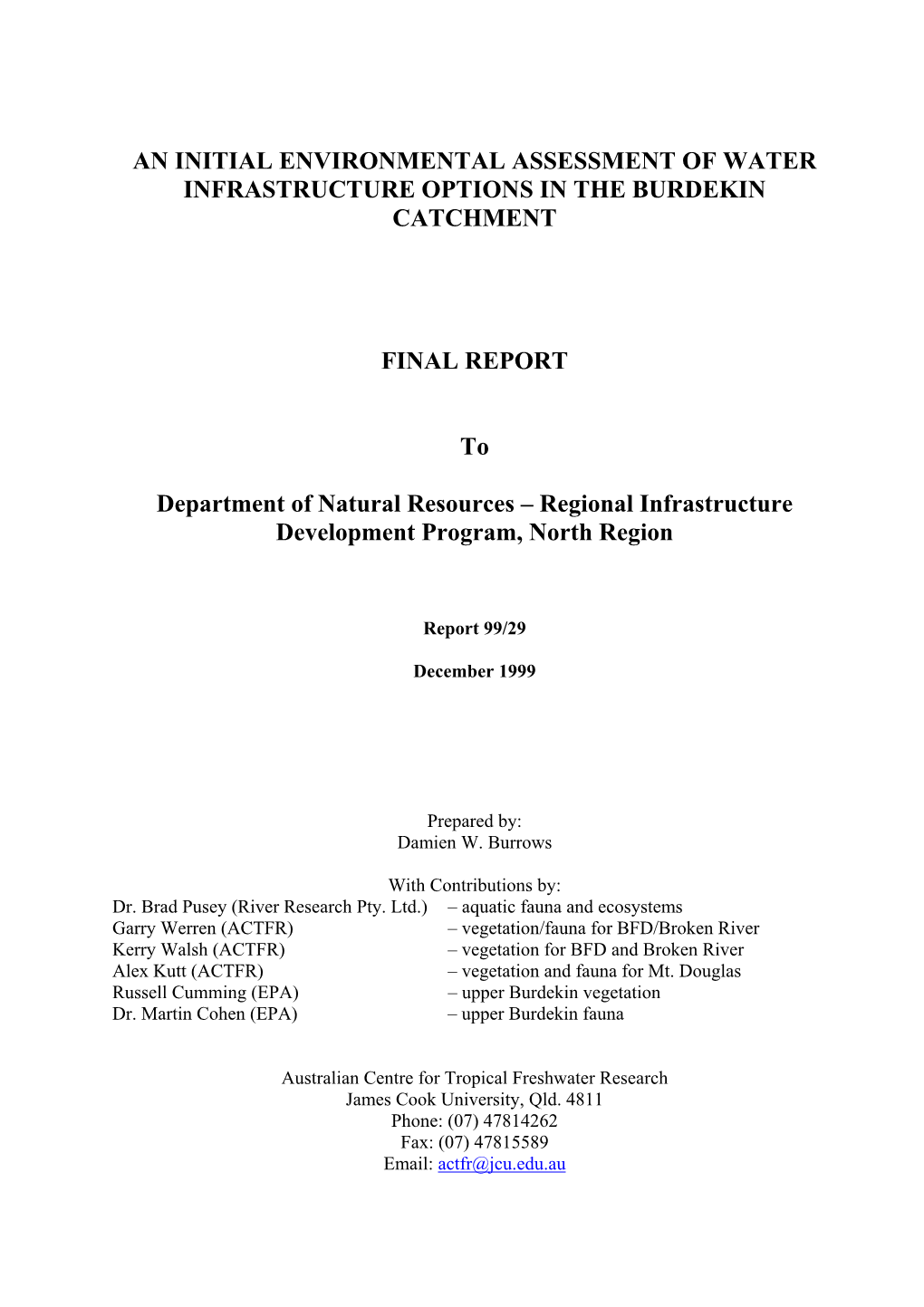 An Initial Environmental Assessment of Water Infrastructure Options in the Burdekin Catchment