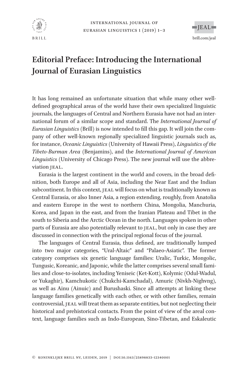 Introducing the International Journal of Eurasian Linguistics
