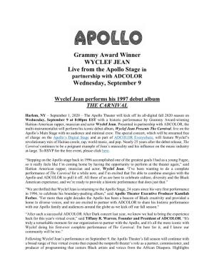 Grammy Award Winner WYCLEF JEAN Live from the Apollo Stage in Partnership with ADCOLOR Wednesday, September 9