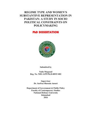 Regime Type and Women's Substantive Representation in Pakistan: a Study in Socio Political Constraints on Policymaking